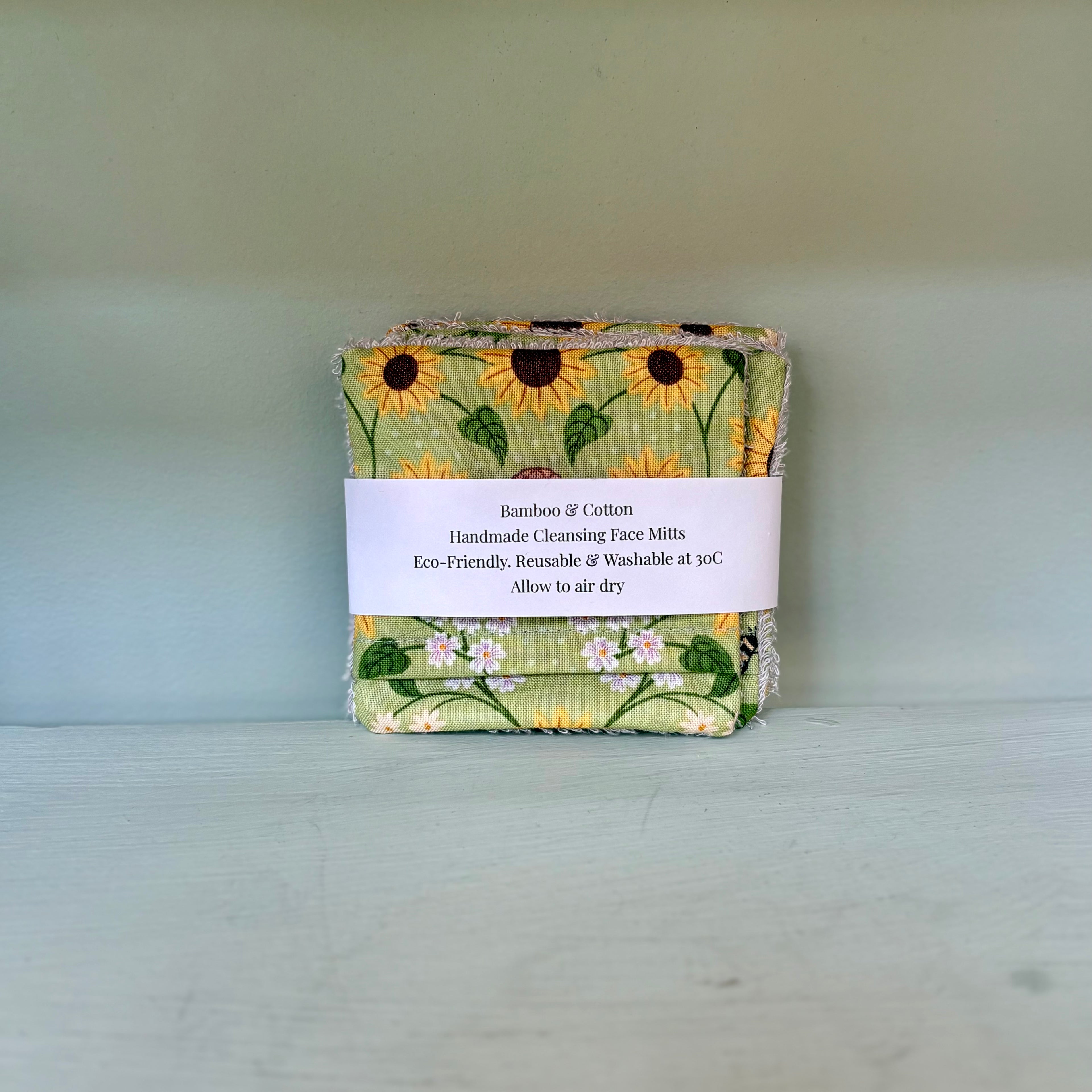 Handmade Cleansing Eco Green Sunflower & Bees Face Mitts