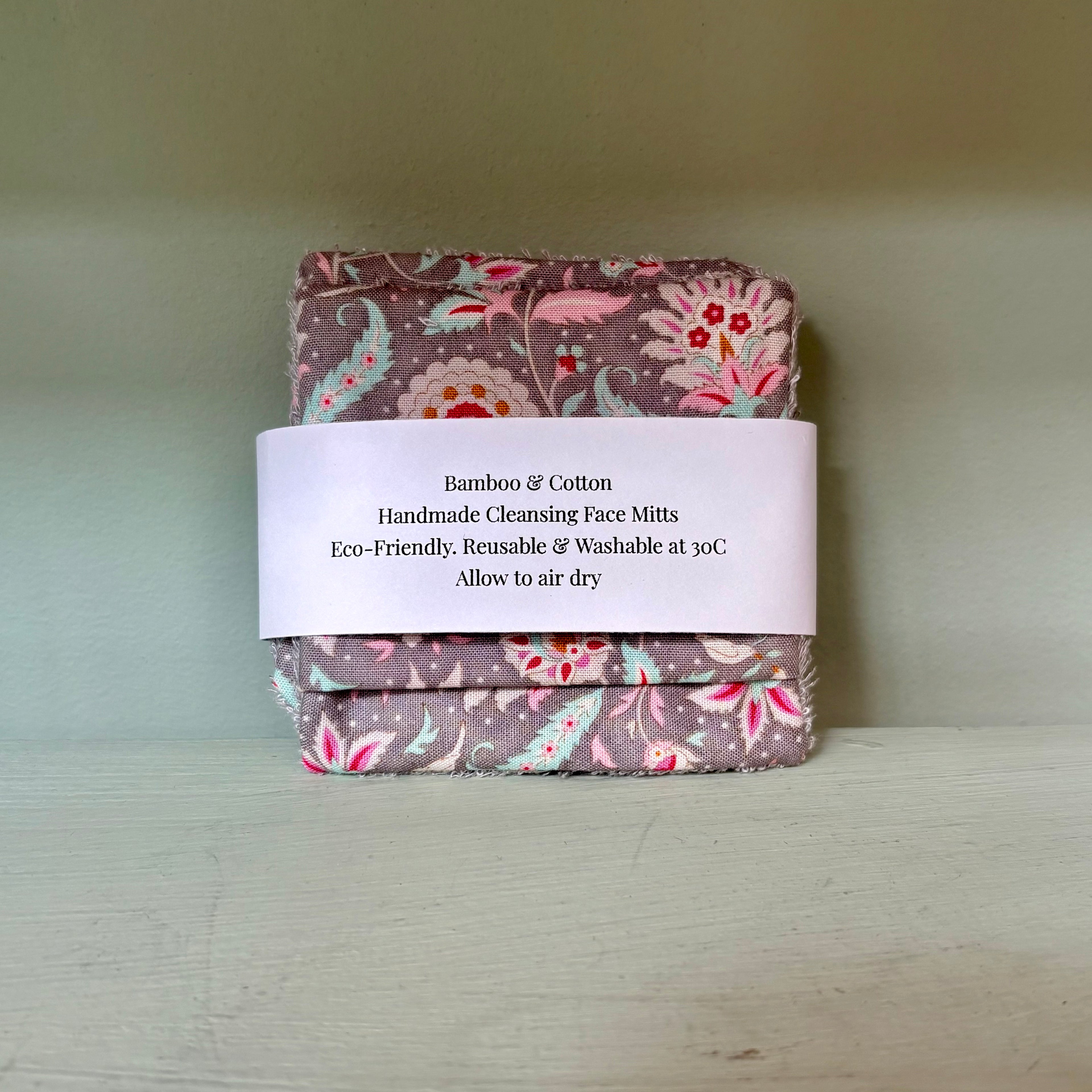 Handmade Cleansing Eco Grey Floral Print Face Mitts