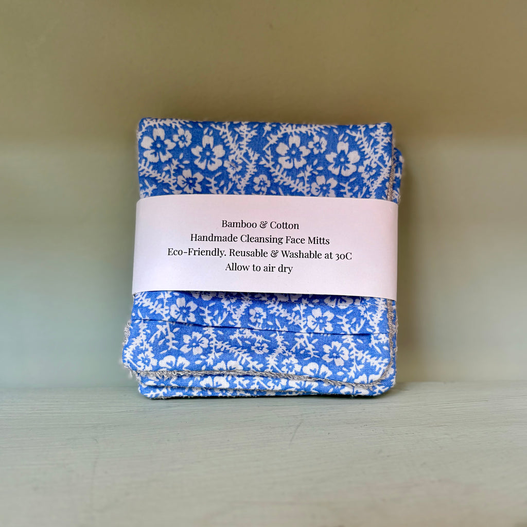 Handmade Cleansing Eco Blue Floral Print Face Mitts