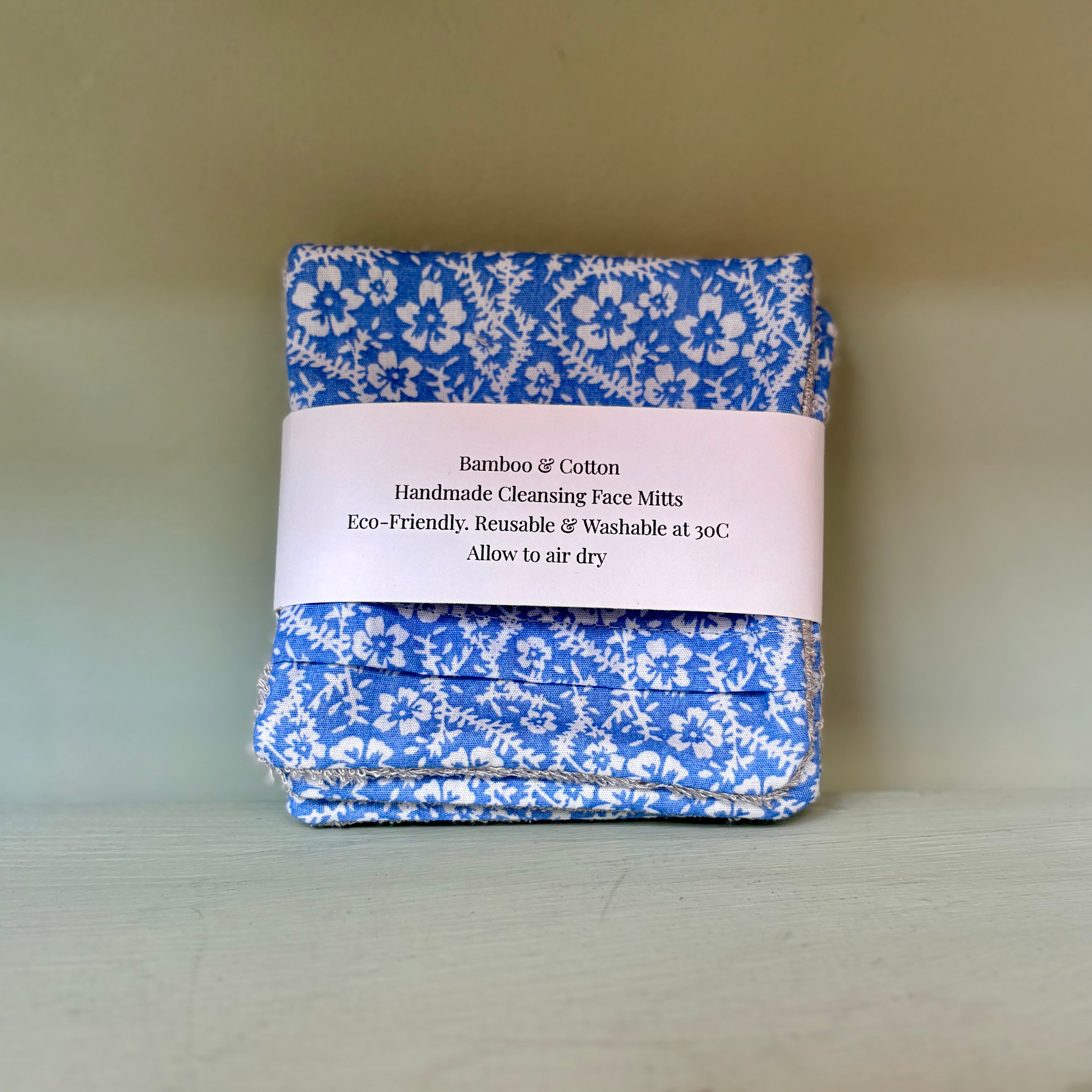 Handmade Cleansing Eco Blue Floral Print Face Mitts